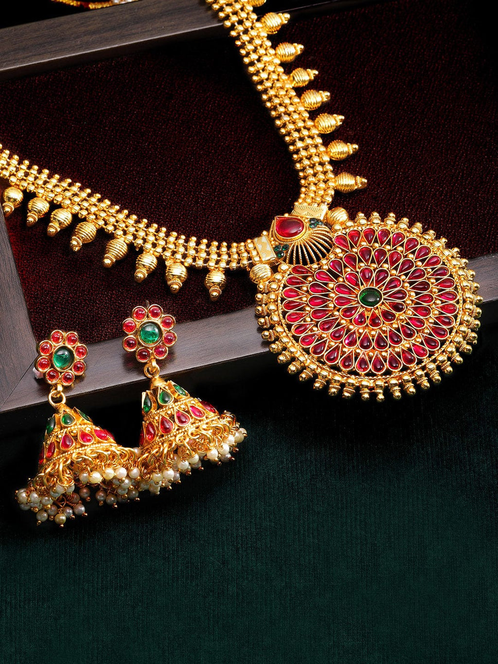 Traditional Gold Plated Faux Ruby And Emerald Studded Necklace Set