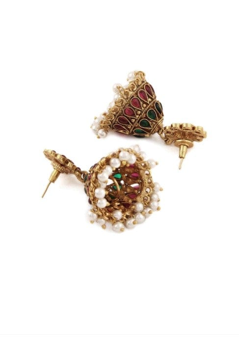 Traditional Gold Plated Faux Ruby And Emerald Studded Necklace Set