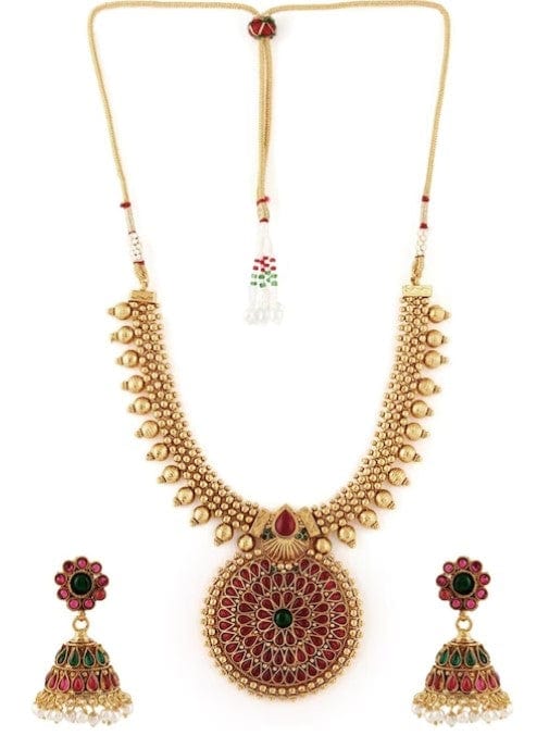 Traditional Gold Plated Faux Ruby And Emerald Studded Necklace Set