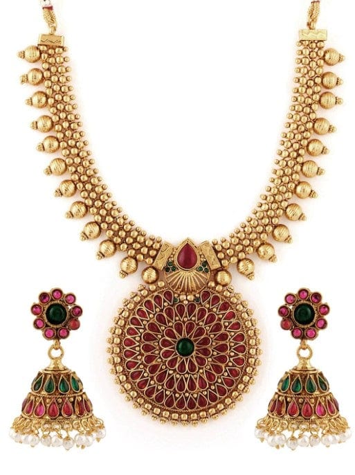 Traditional Gold Plated Faux Ruby And Emerald Studded Necklace Set