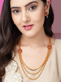 Traditional Gold Plated Layered Necklace Set With Ruby Stoned Earrings