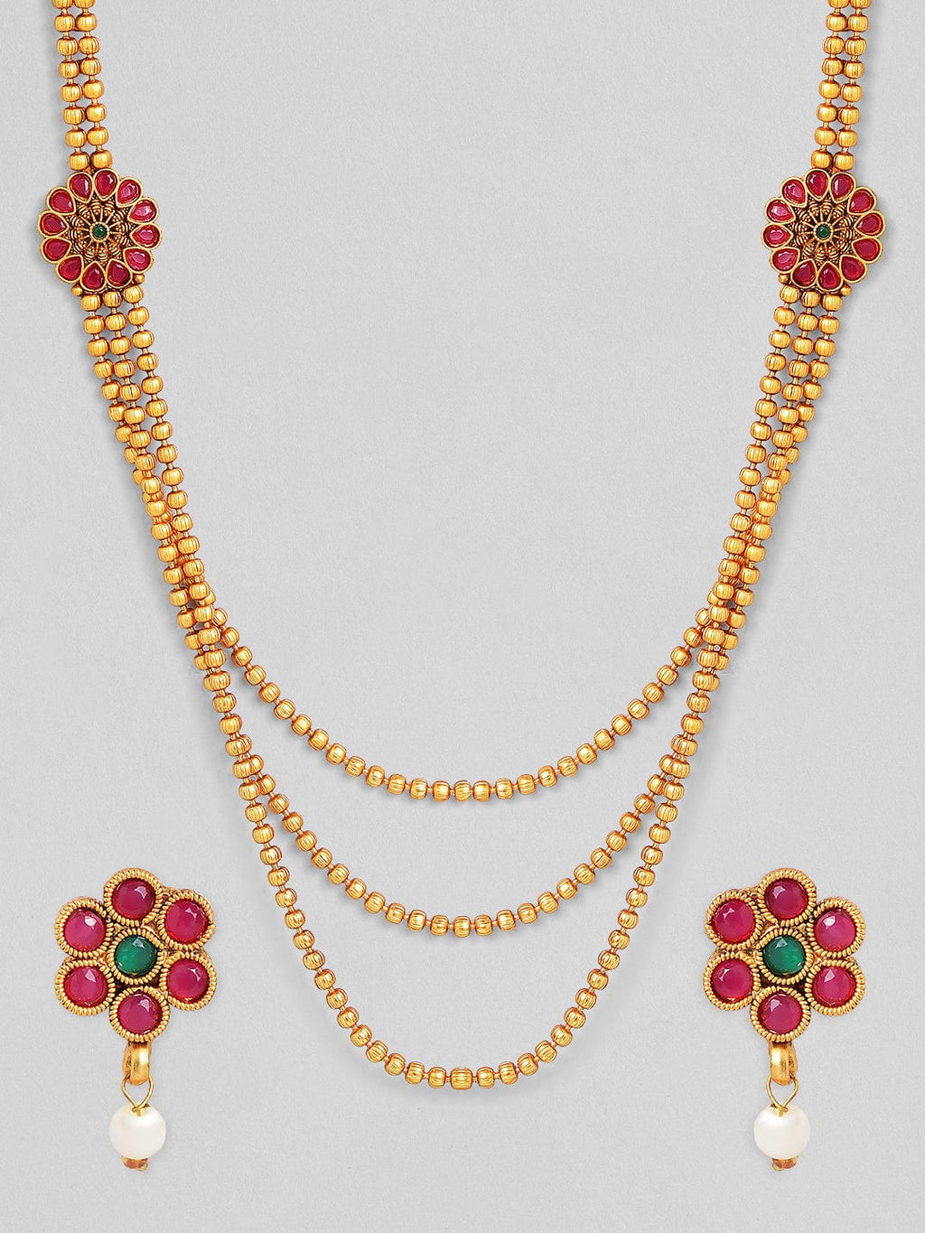 Traditional Gold Plated Layered Necklace Set With Ruby Stoned Earrings