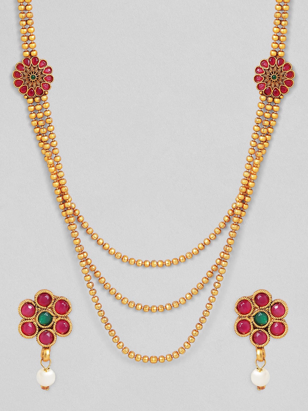 Traditional Gold Plated Layered Necklace Set With Ruby Stoned Earrings