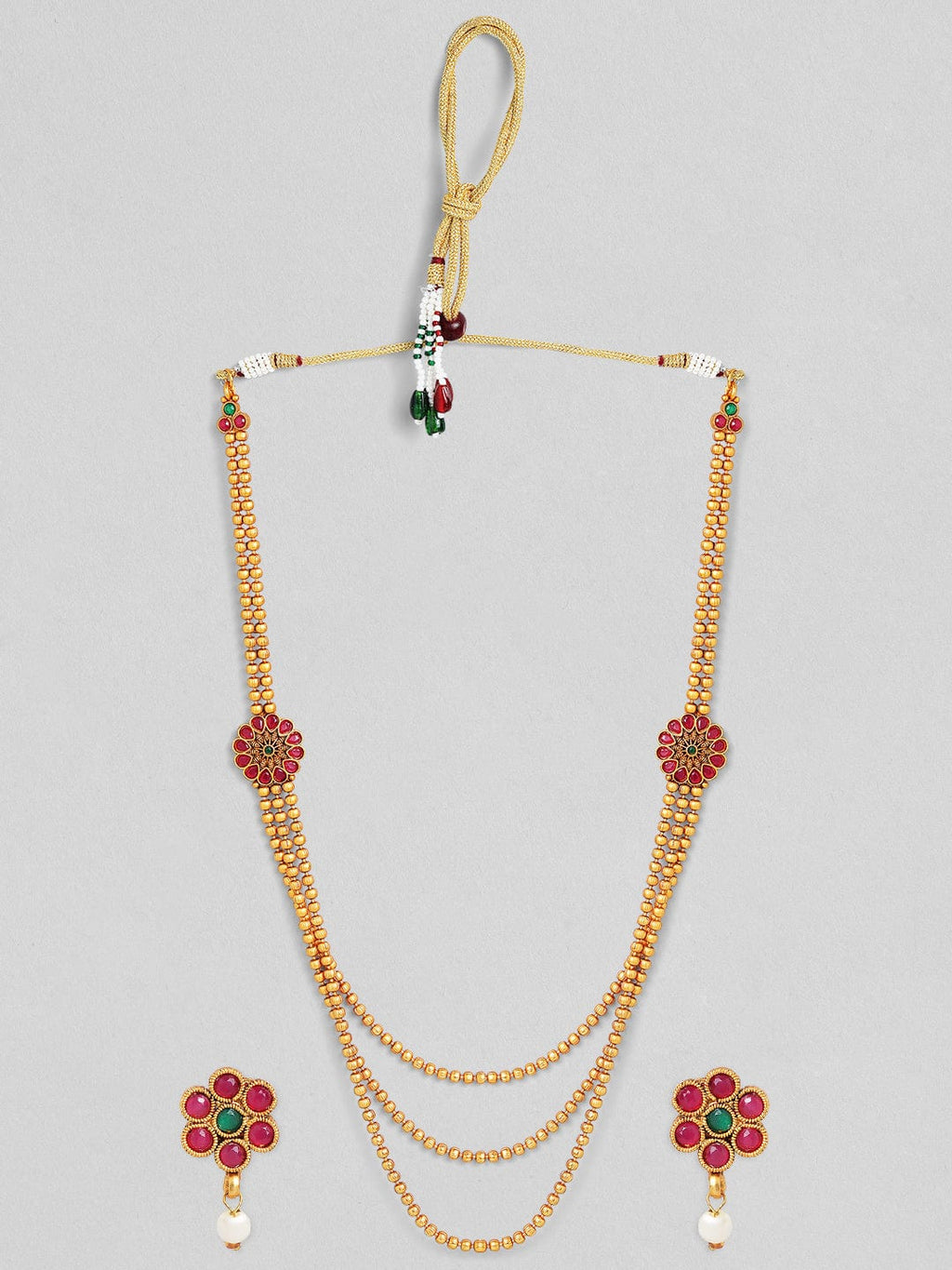 Traditional Gold Plated Layered Necklace Set With Ruby Stoned Earrings