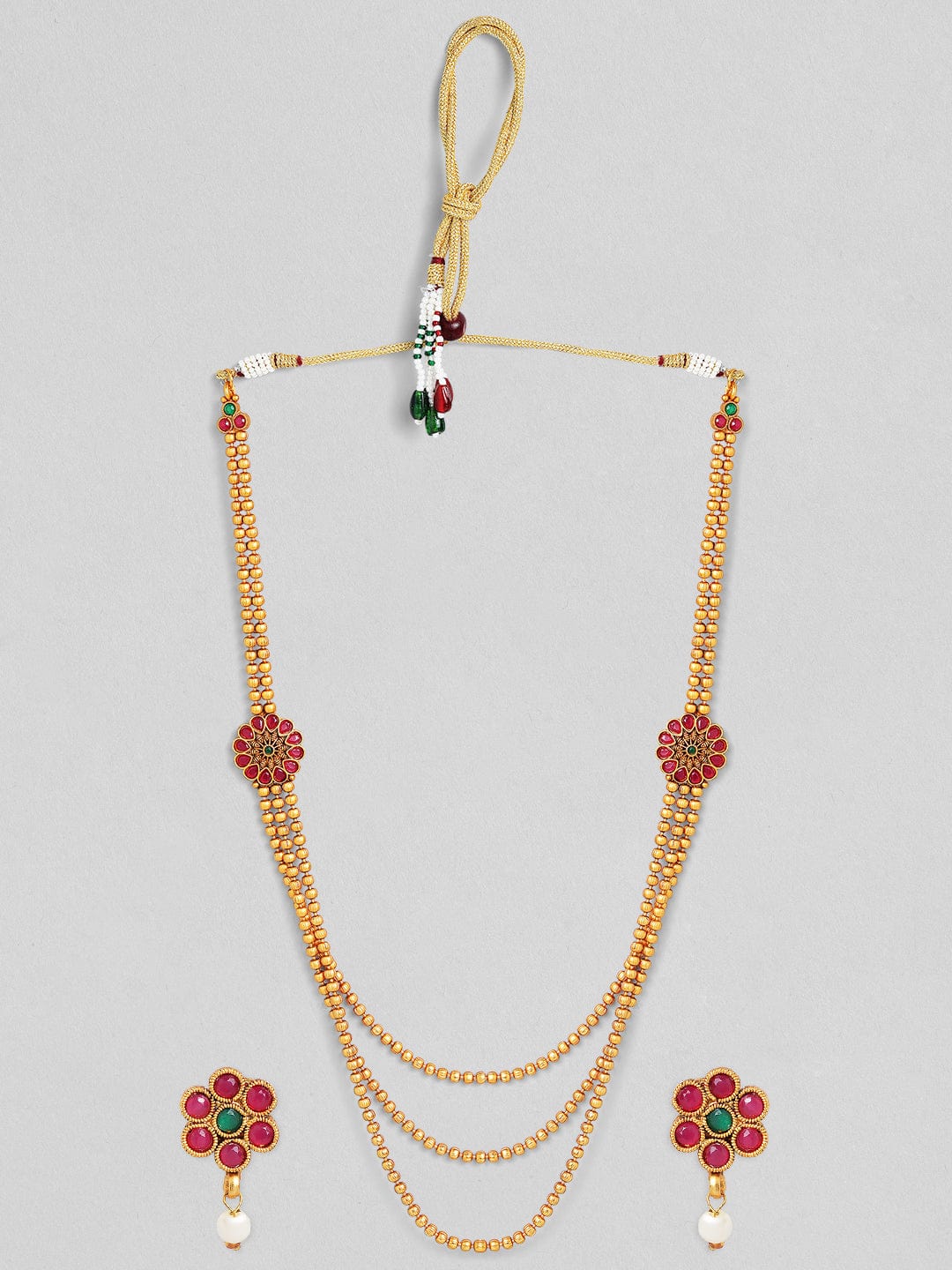 Traditional Gold Plated Layered Necklace Set With Ruby Stoned Earrings