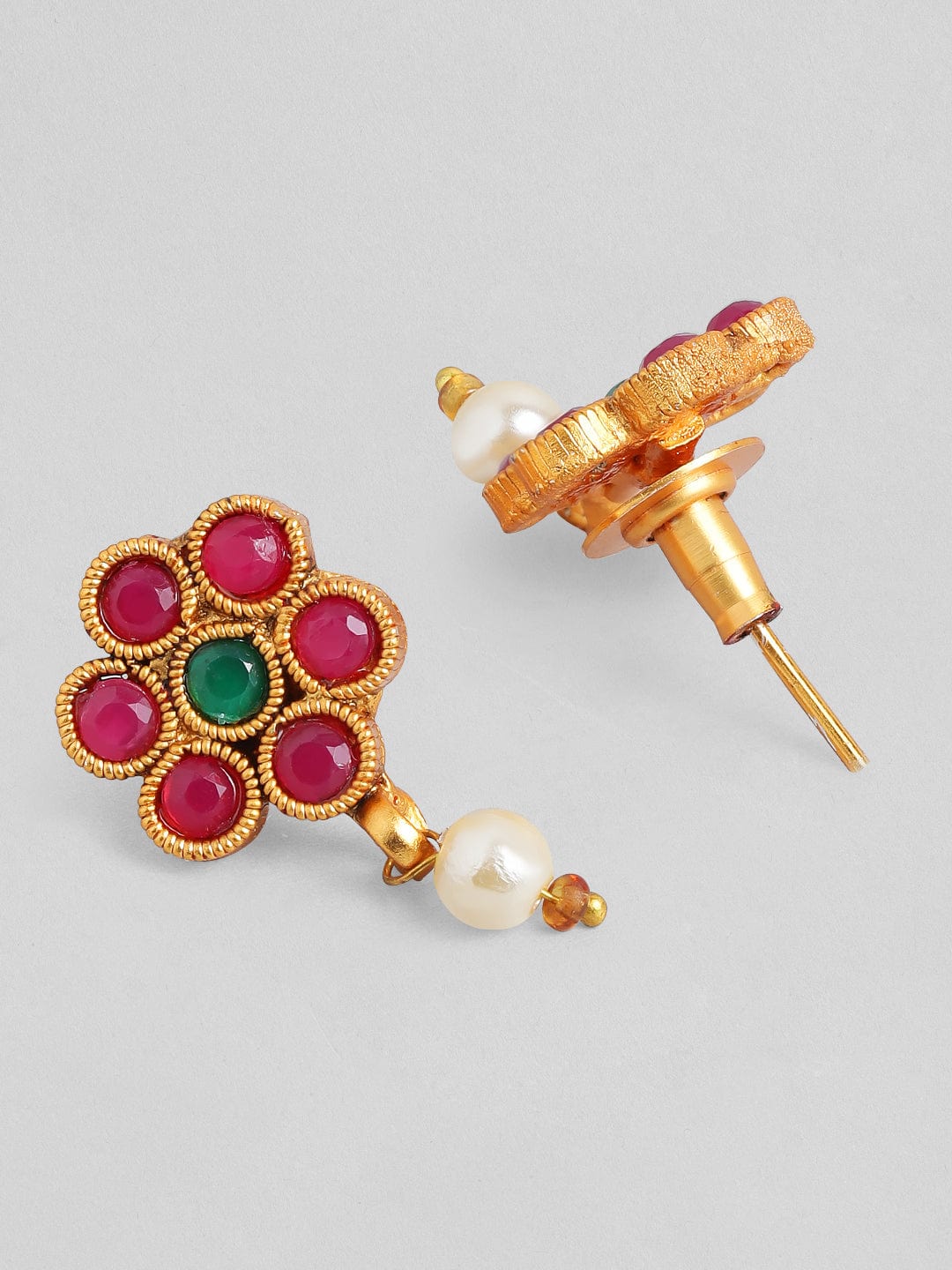 Traditional Gold Plated Layered Necklace Set With Ruby Stoned Earrings