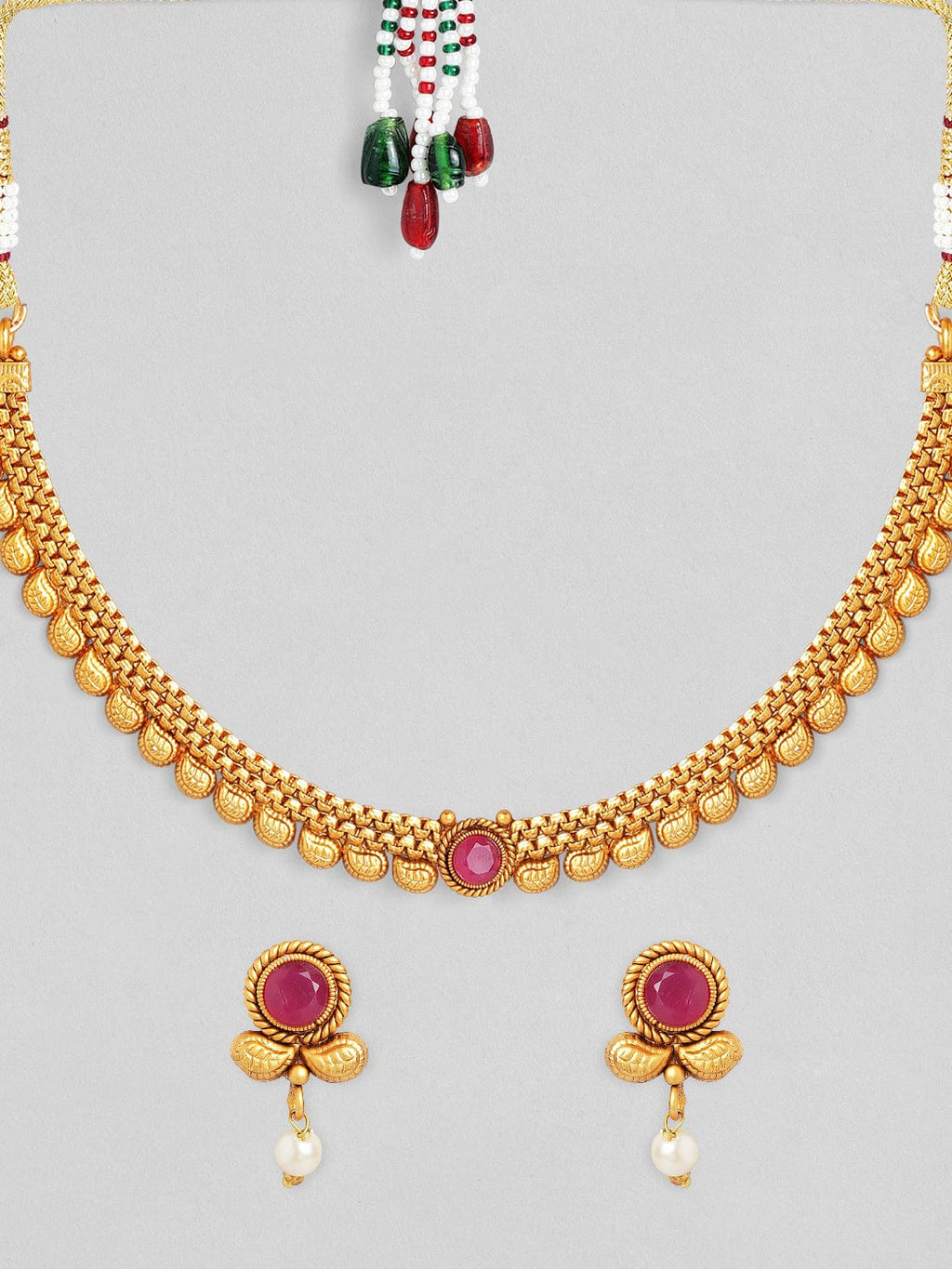 Traditional Gold Plated Pink Stone Studded Necklace Set