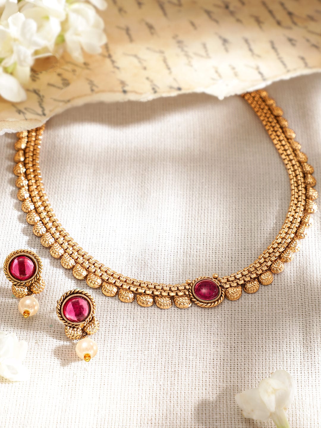 Traditional Gold Plated Pink Stone Studded Necklace Set