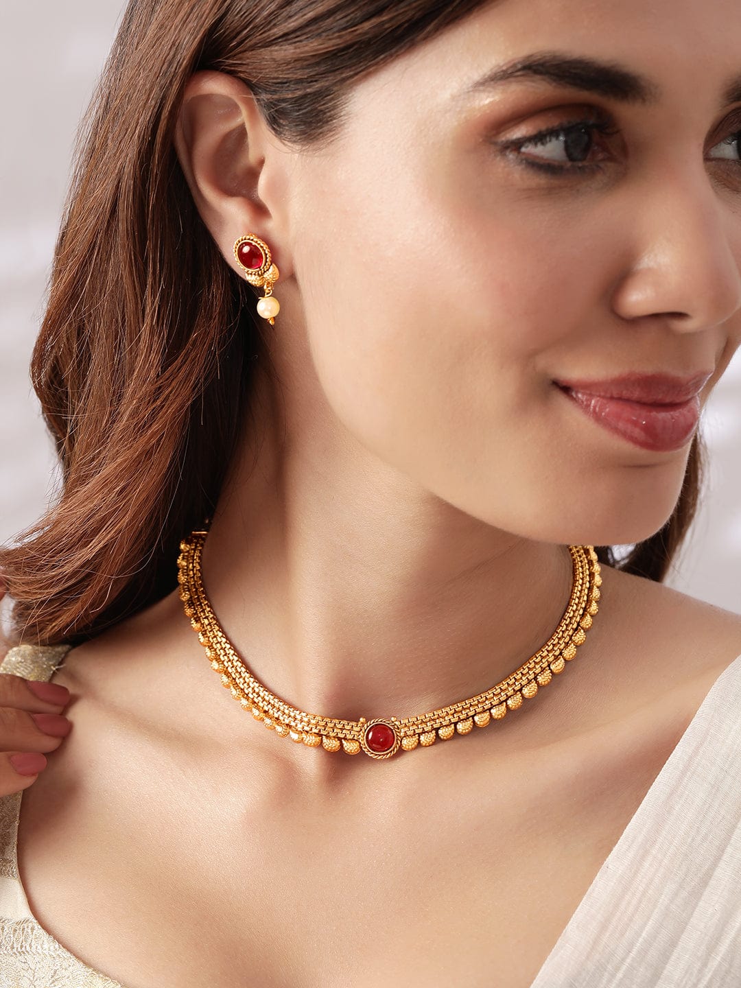 Traditional Gold Plated Pink Stone Studded Necklace Set