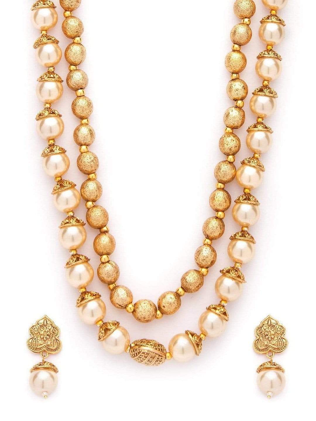 Traditional Handmade Pearl And Antique Gold Beads Strand Multilayer Necklace Set