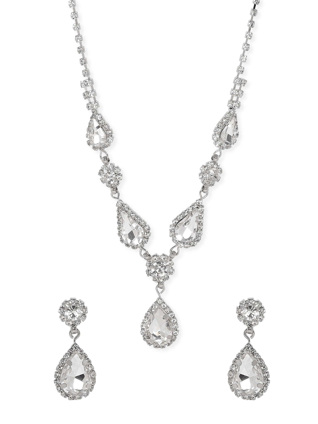 Voguish Rhodium Plated Crystal Studded Statement Pendant Necklace Set