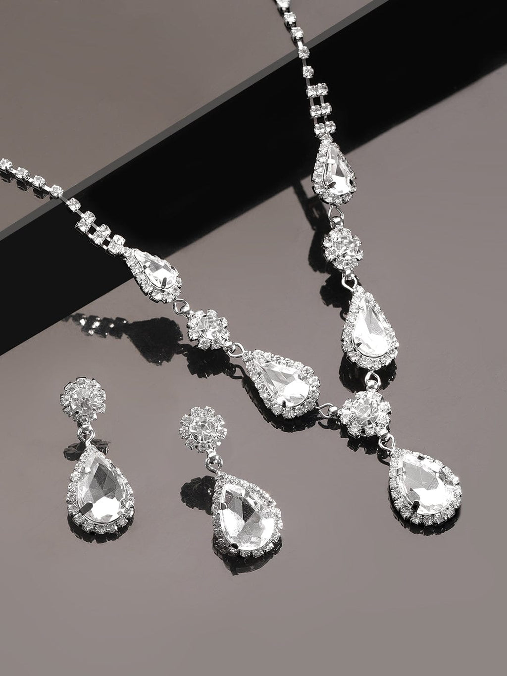Voguish Rhodium Plated Crystal Studded Statement Pendant Necklace Set