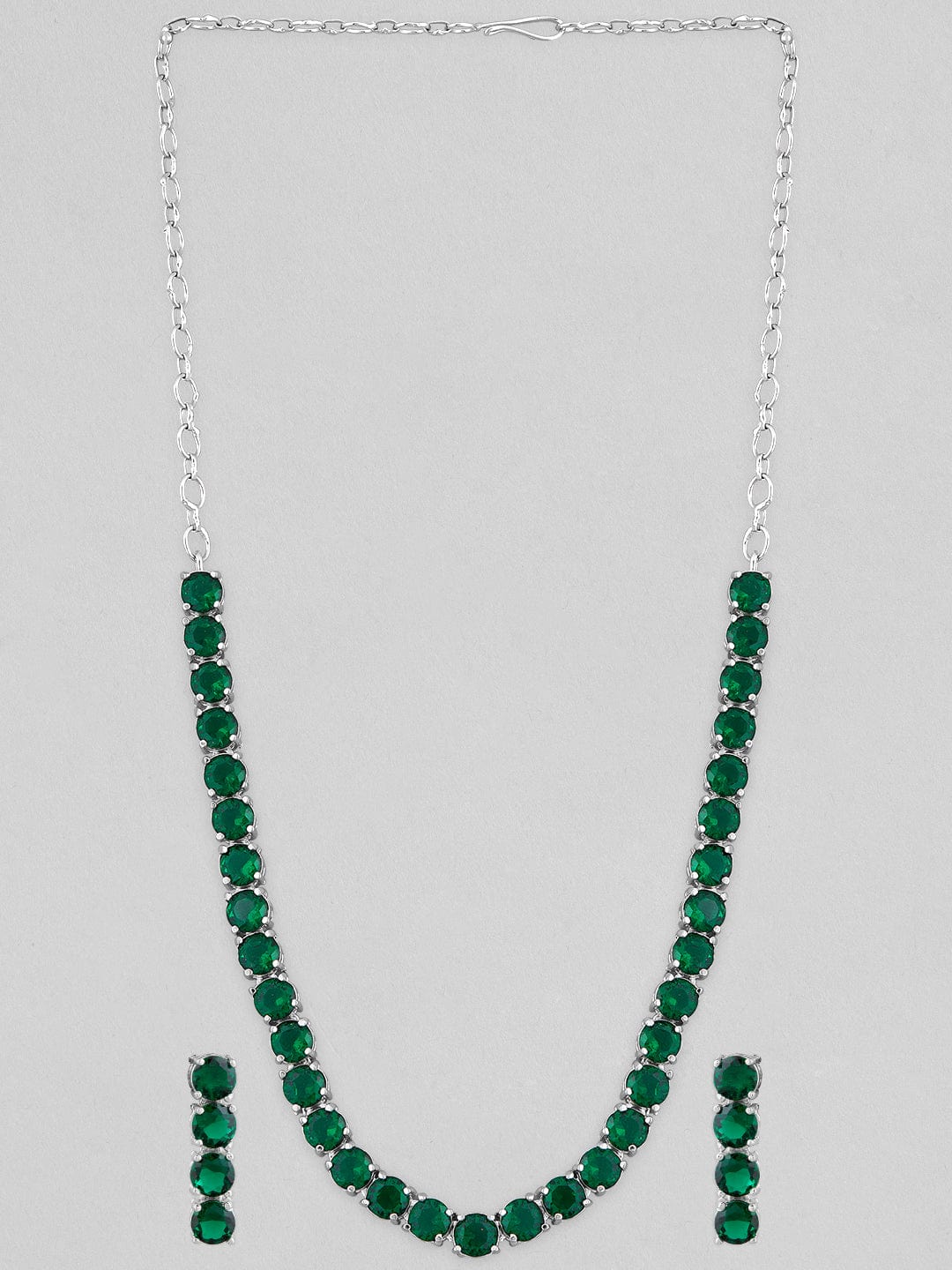 Silver-Plated & Green Stone-Studded Jewellery Set