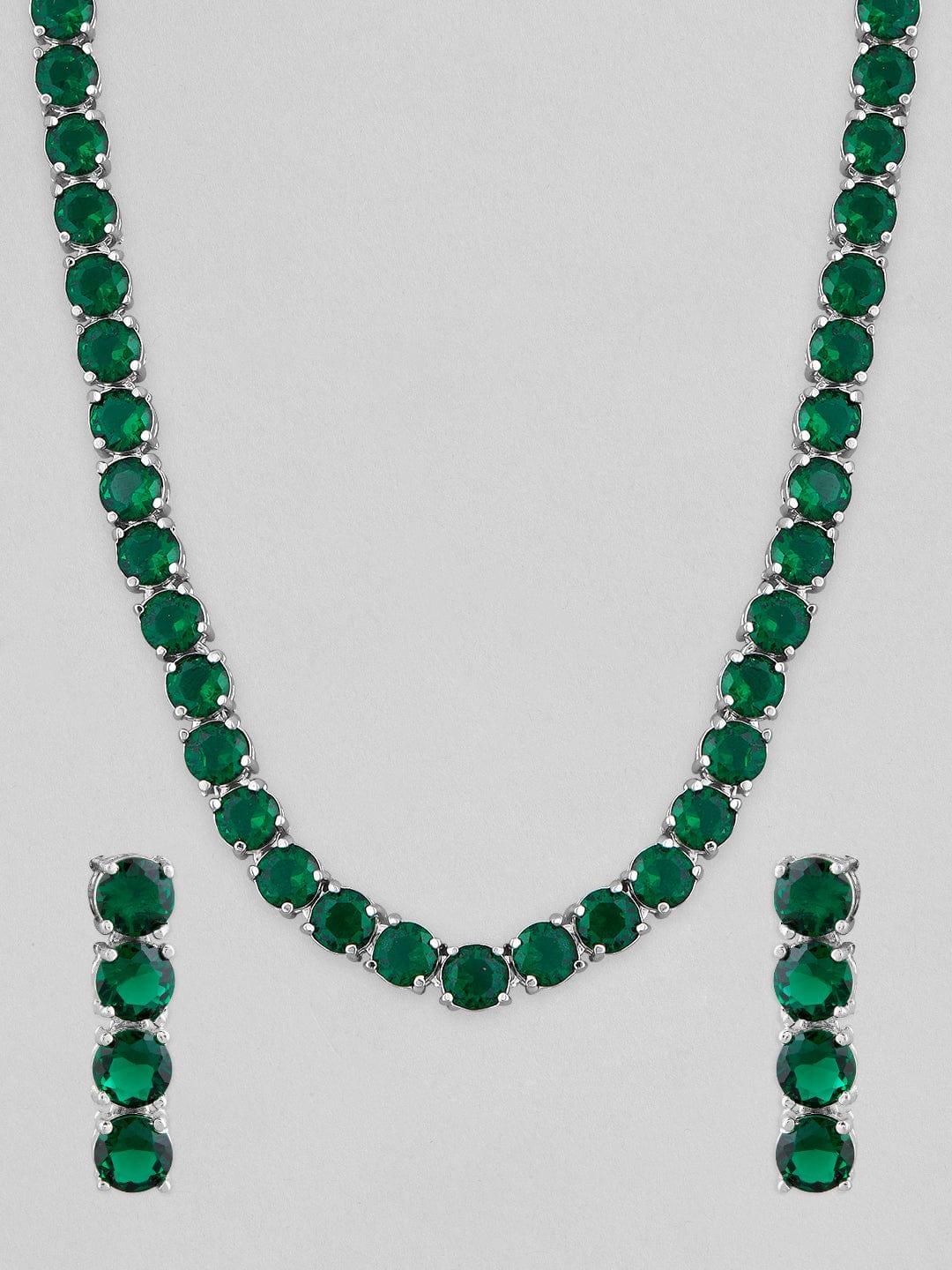 Silver-Plated & Green Stone-Studded Jewellery Set