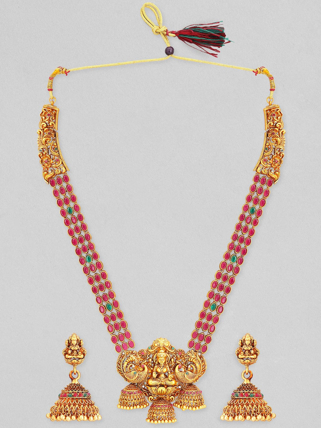 Women Gold-Plated & Green Faux Ruby Studded Handcrafted Jewellery Set