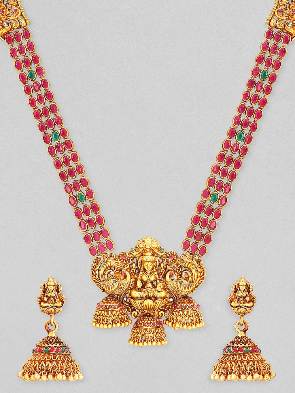 Women Gold-Plated & Green Faux Ruby Studded Handcrafted Jewellery Set