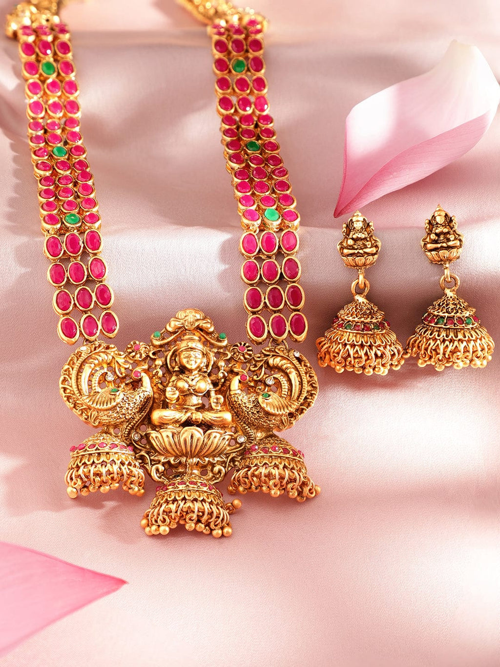 Women Gold-Plated & Green Faux Ruby Studded Handcrafted Jewellery Set