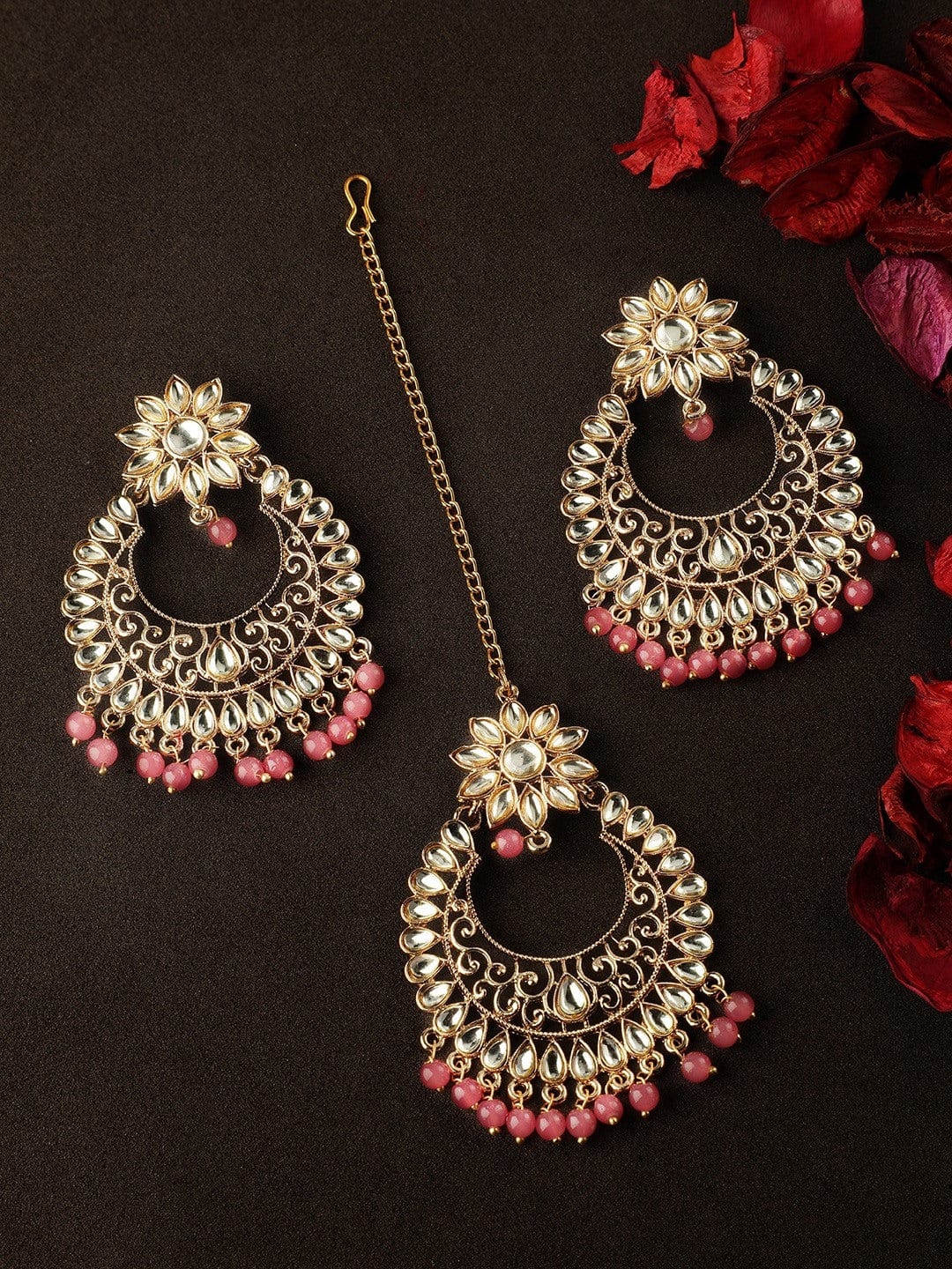 Women Gold-Plated & Pink Kundan Meenakari Jewellery Set