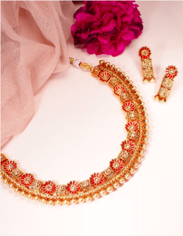 Women Gold-Plated & Red Handpainted Stone-Studded With Pearls Jewellery Set
