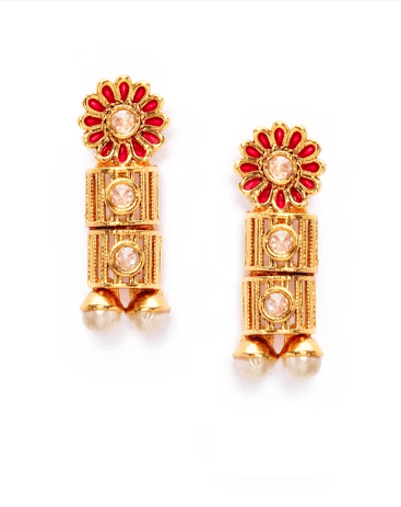 Women Gold-Plated & Red Handpainted Stone-Studded With Pearls Jewellery Set