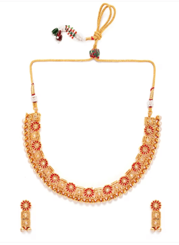 Women Gold-Plated & Red Handpainted Stone-Studded With Pearls Jewellery Set
