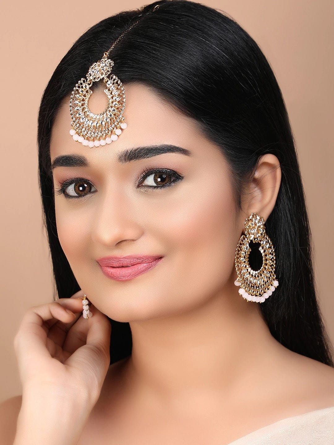 Women Gold-Plated White & Pink Kundan-Studded Beaded Handcrafted Jewellery Set