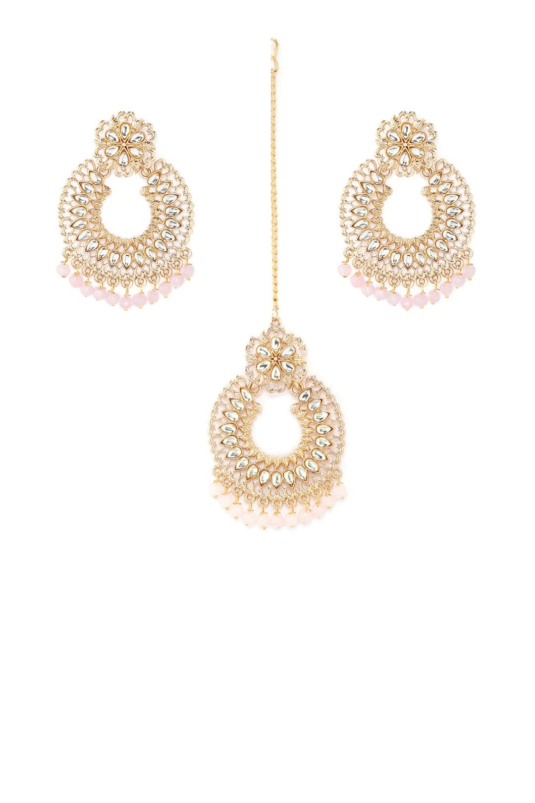 Women Gold-Plated White & Pink Kundan-Studded Beaded Handcrafted Jewellery Set