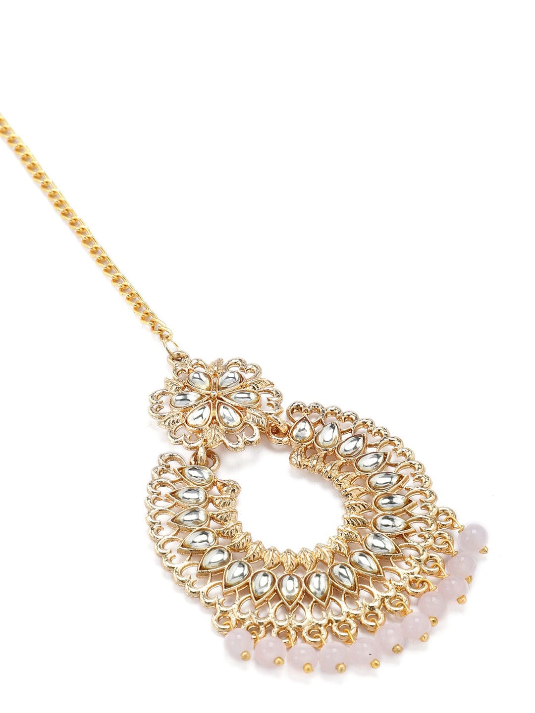 Women Gold-Plated White & Pink Kundan-Studded Beaded Handcrafted Jewellery Set