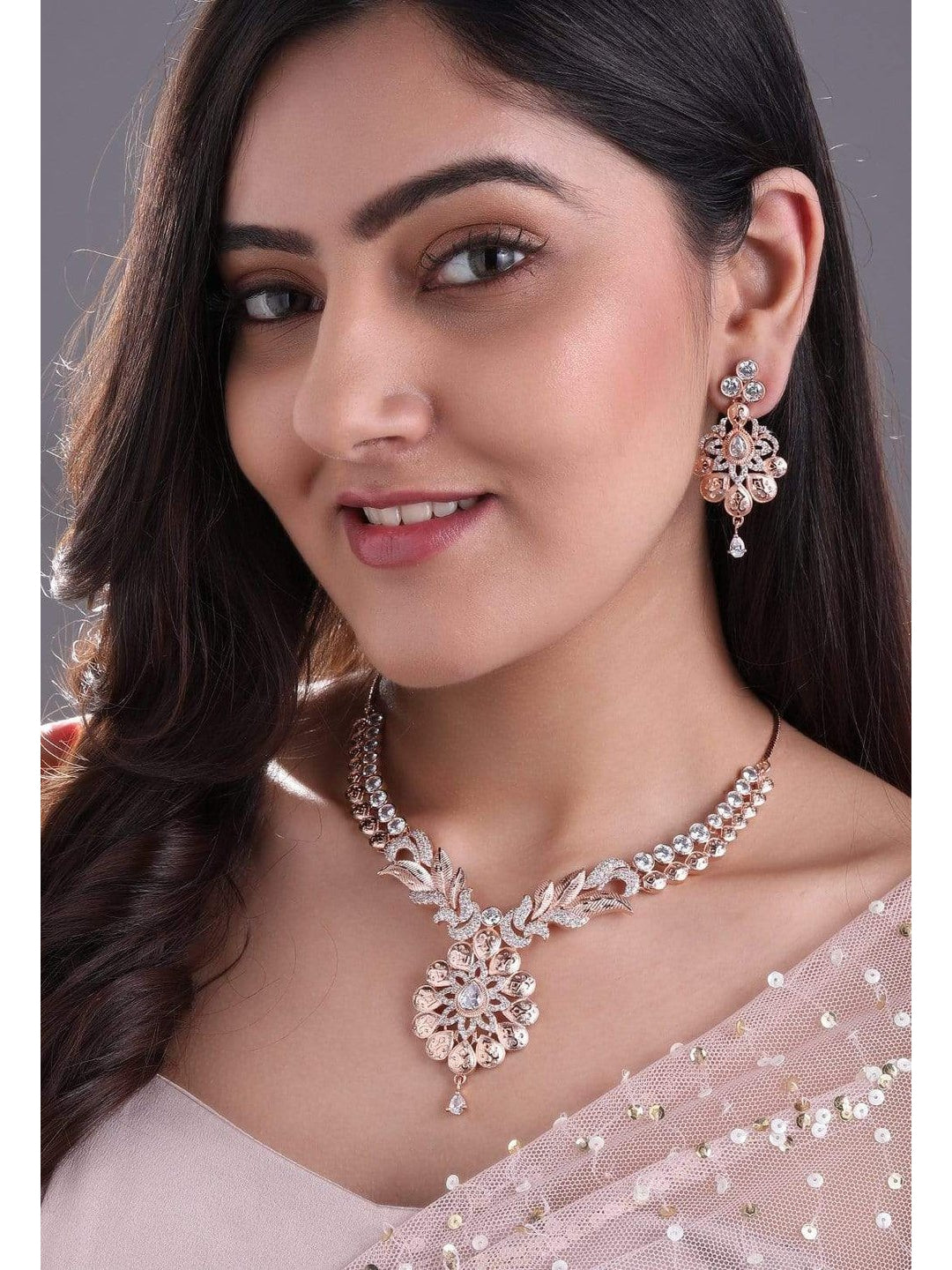 Zircon Studded Handcrafted Rose Gold Plated Statement Necklace Set