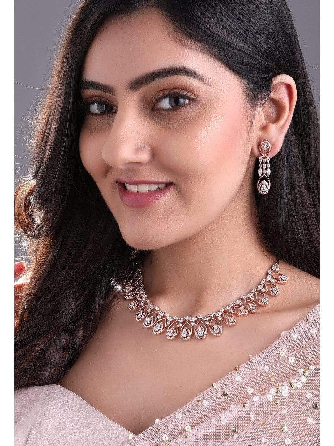 Zircon Studded Handcrafted Rose Gold Plated Statement Necklace Set