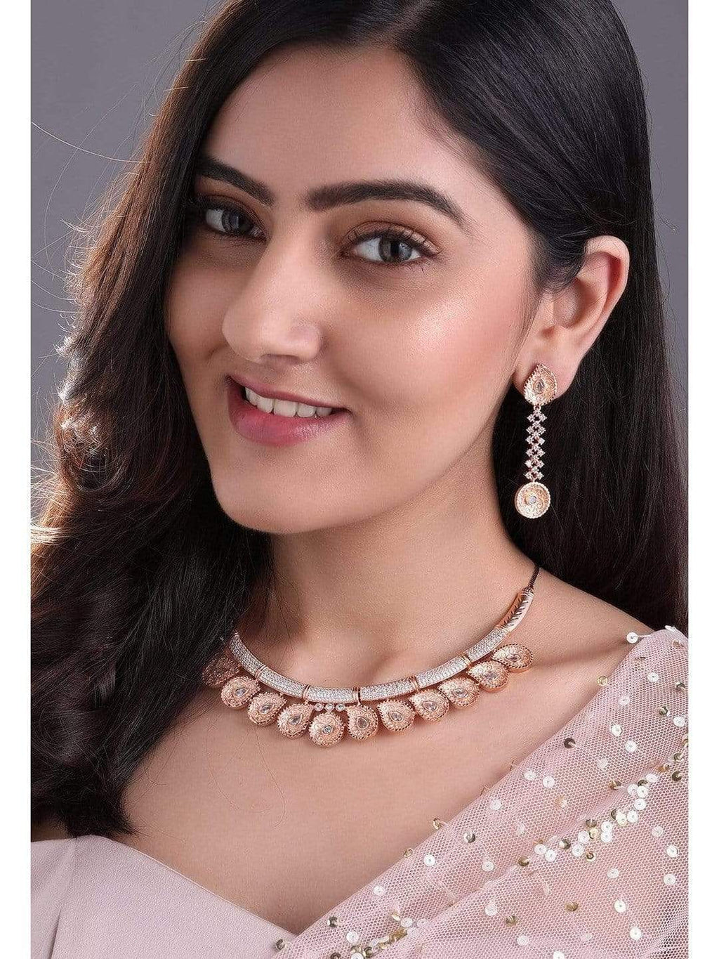 Zircon Studded Handcrafted Rose Gold Plated Statement Necklace Set