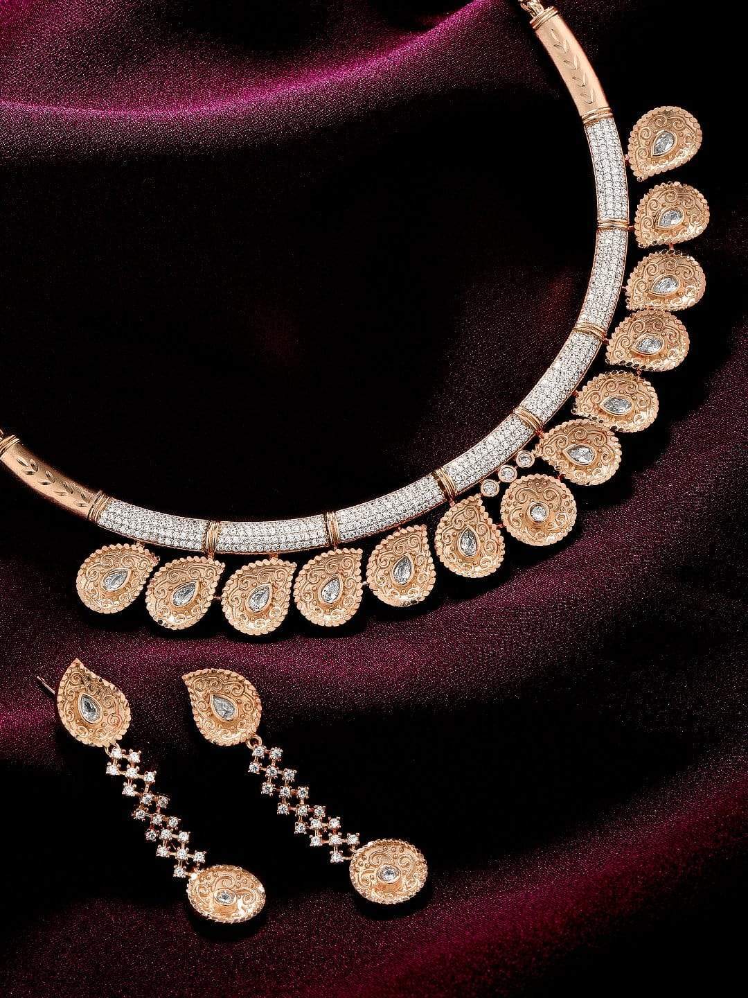 Zircon Studded Handcrafted Rose Gold Plated Statement Necklace Set