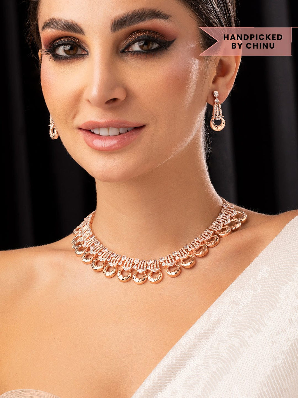 Zircon Studded Handcrafted Rose Gold Plated Statement Necklace Set