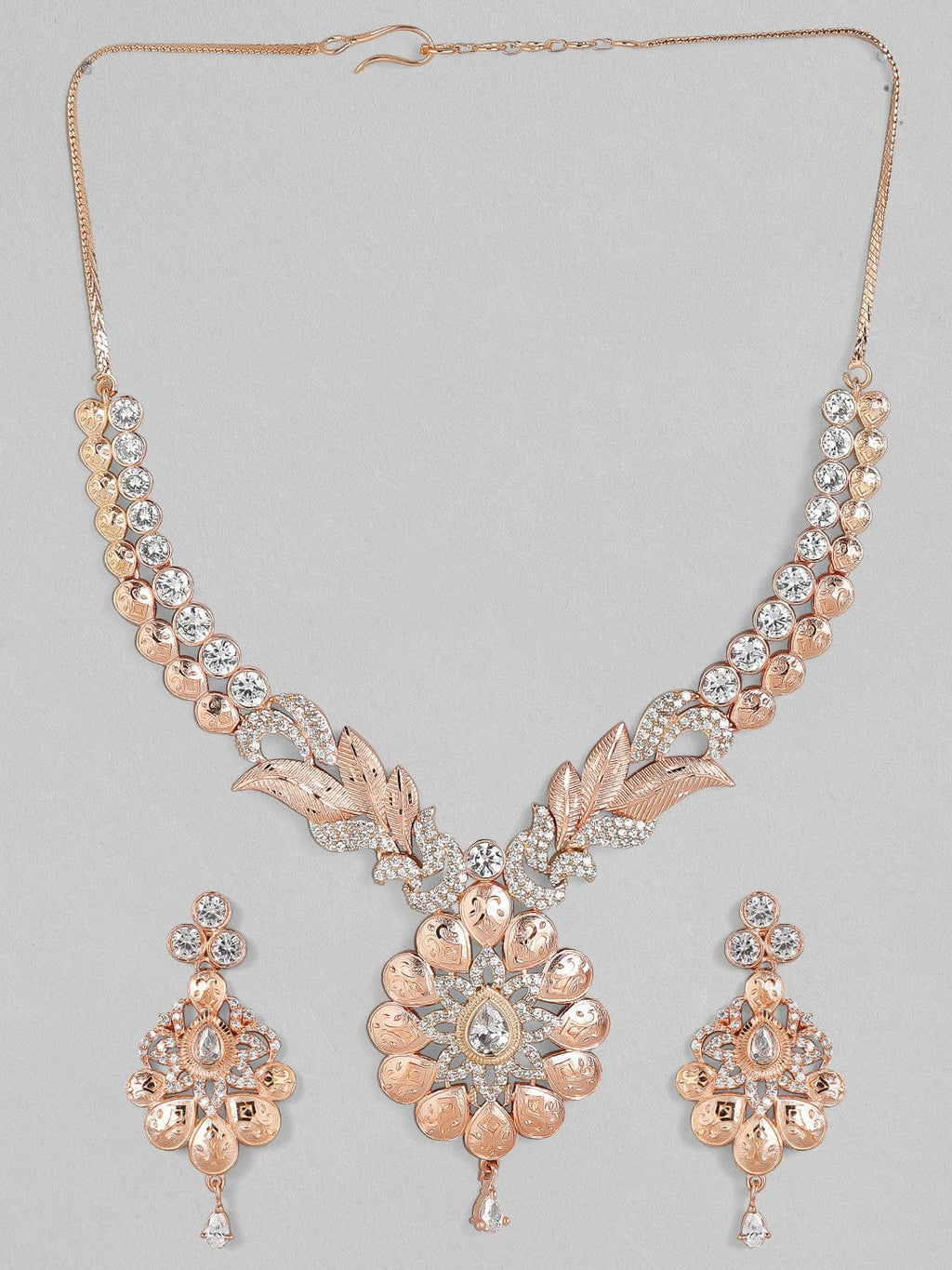 Zircon Studded Handcrafted Rose Gold Plated Statement Necklace Set
