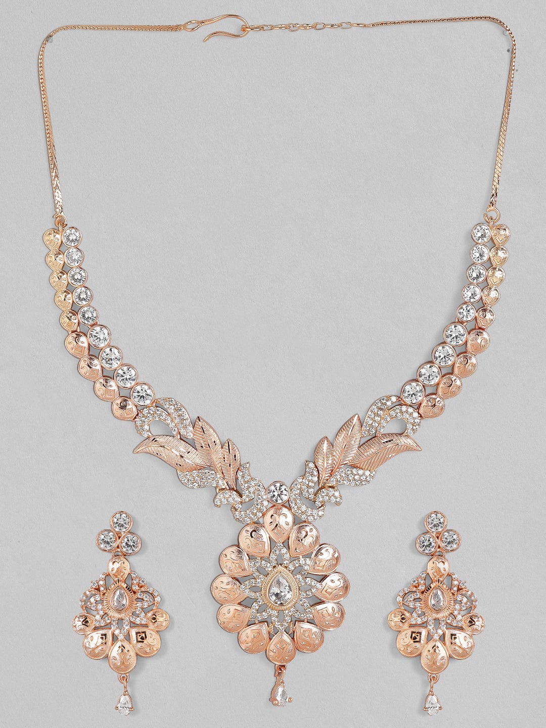 Zircon Studded Handcrafted Rose Gold Plated Statement Necklace Set