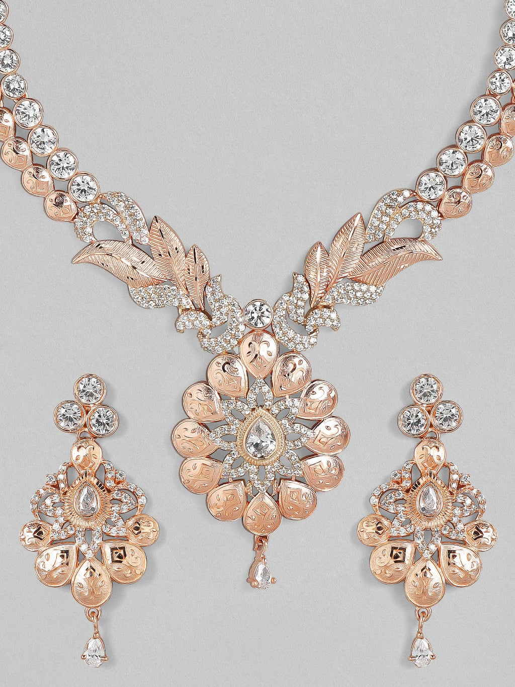 Zircon Studded Handcrafted Rose Gold Plated Statement Necklace Set