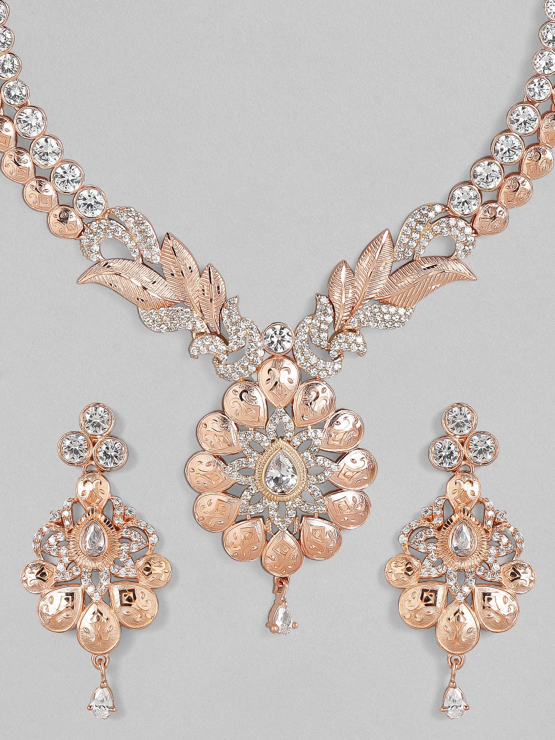 Zircon Studded Handcrafted Rose Gold Plated Statement Necklace Set