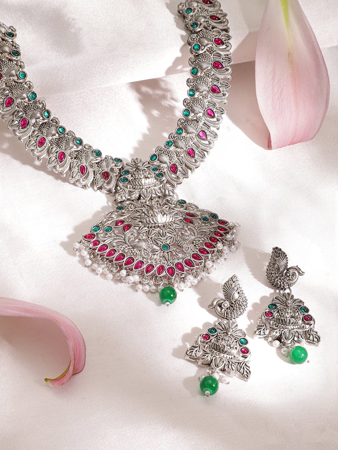 Sacred Radiance Oxidized Silver Tone Temple Necklace Set